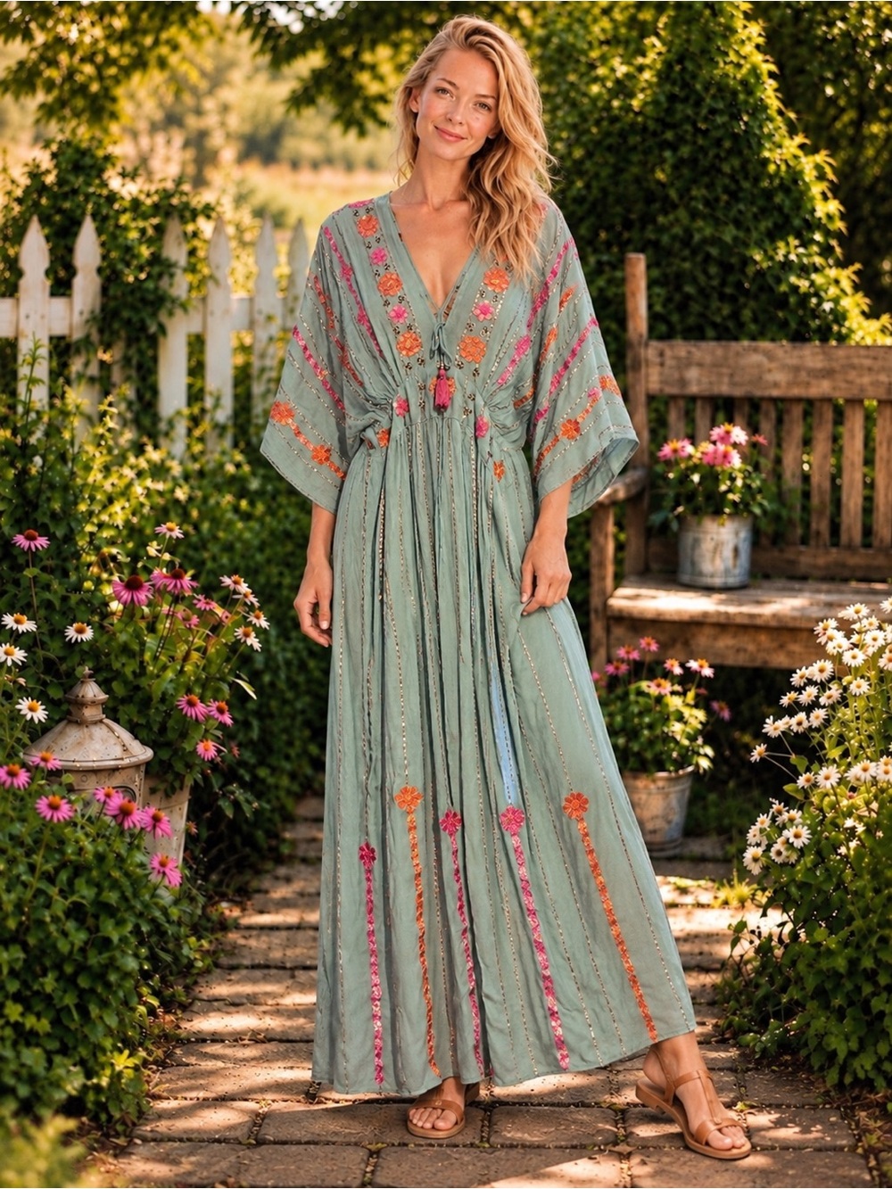 POL Embroidered Boho Maxi Dress Large Lined 100% Viscose